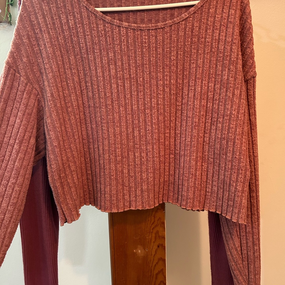 Ribbed Long Sleeve Crop Tops - charcoal grey  and mauve Pink - Picture 7 of 7